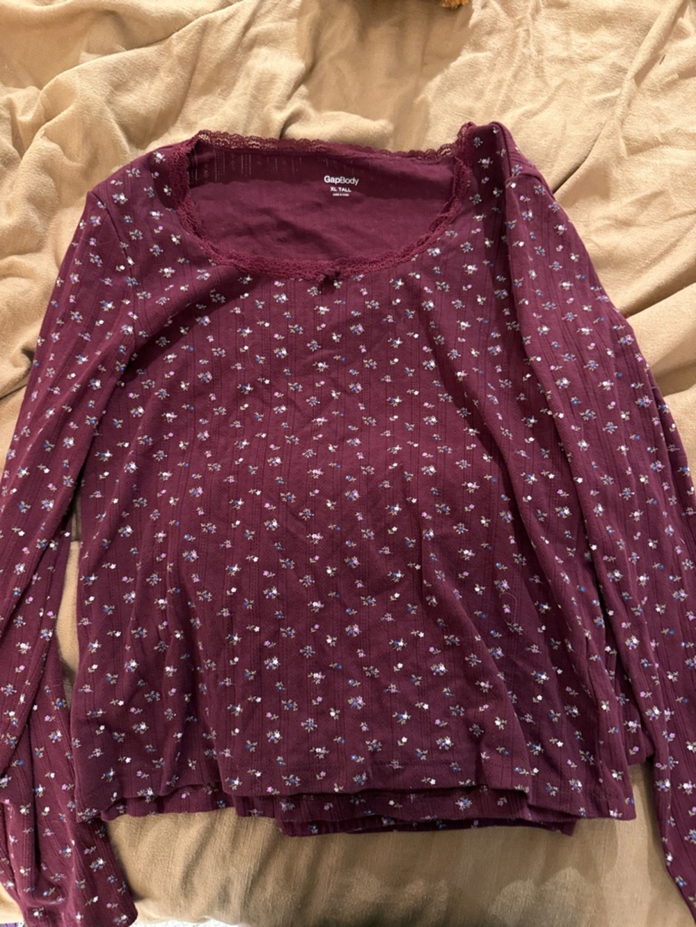 GAP Plum Ribbed Floral Lace-Trim Long Sleeve Top